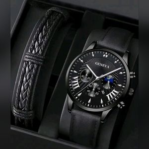 NWOT| Men's Geneva Watch and Bracelet Set | Color: Black